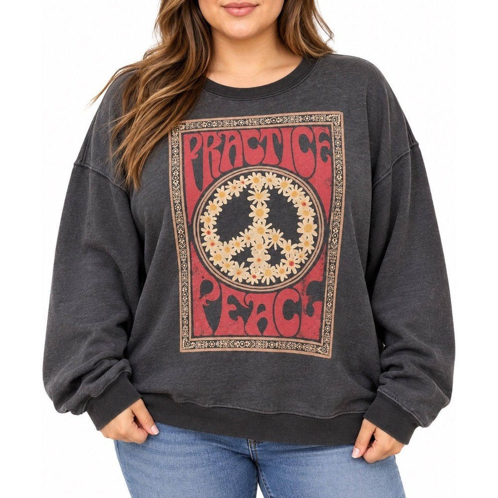 Natural Life Womens Plus Sweatshirt Gray Practice Peace Floral Graphic XXL